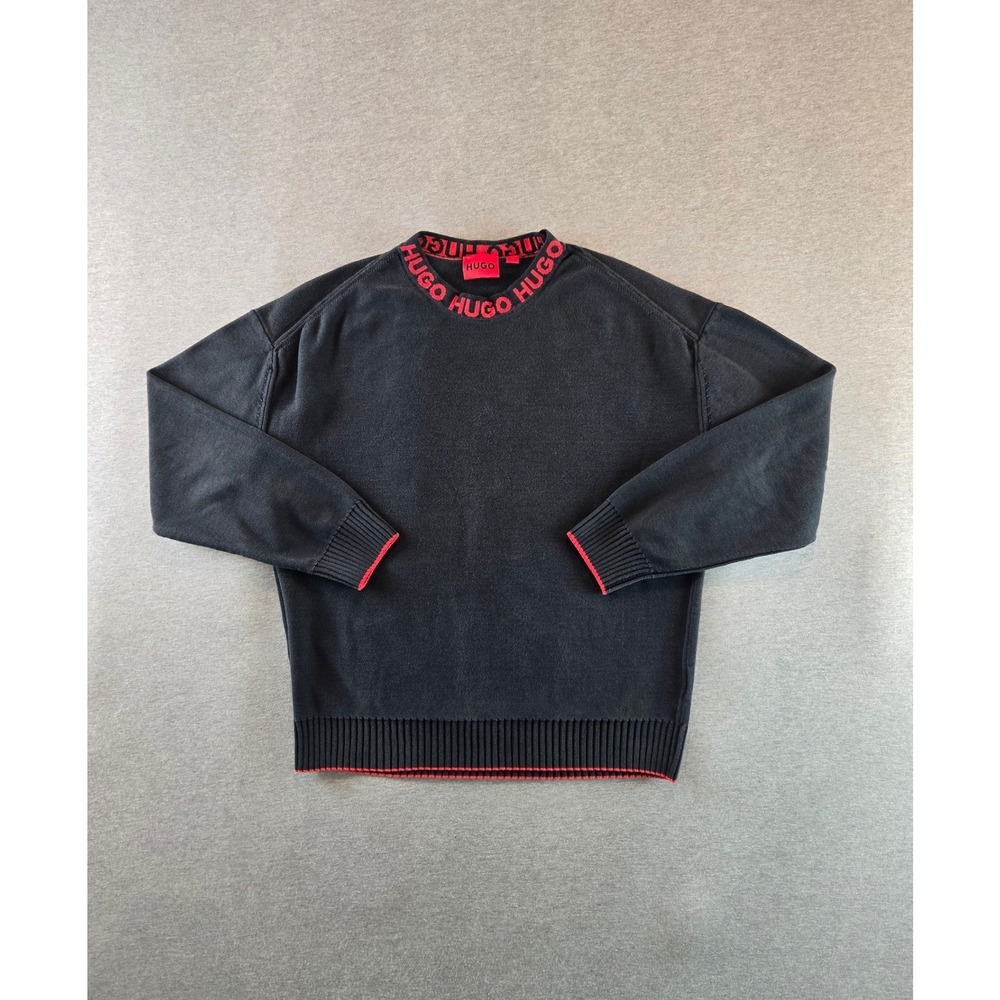Hugo Boss Smarlo Sweater Mens Size Small Black Red Logo Neckline Pullover Luxury